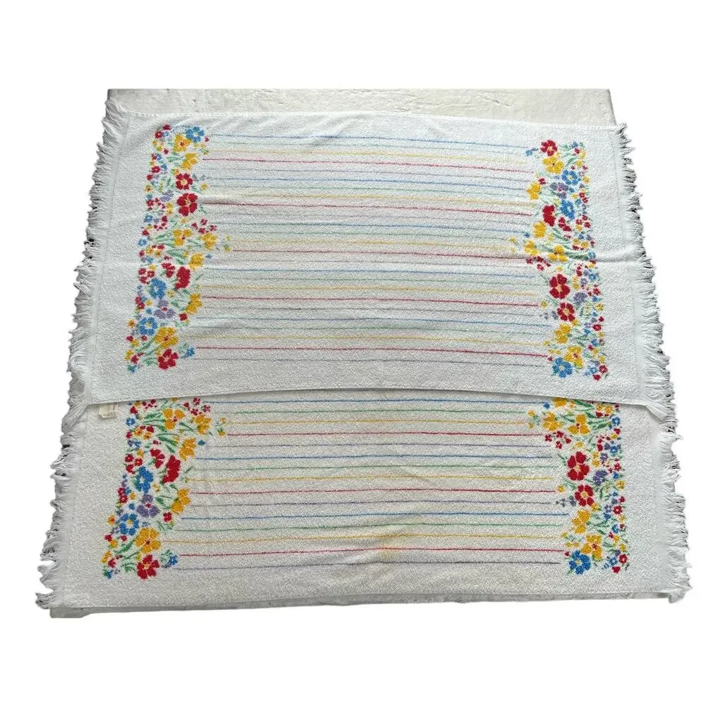Cannon Vintage Floral Striped Bath Towel Set  Red Yellow White USA